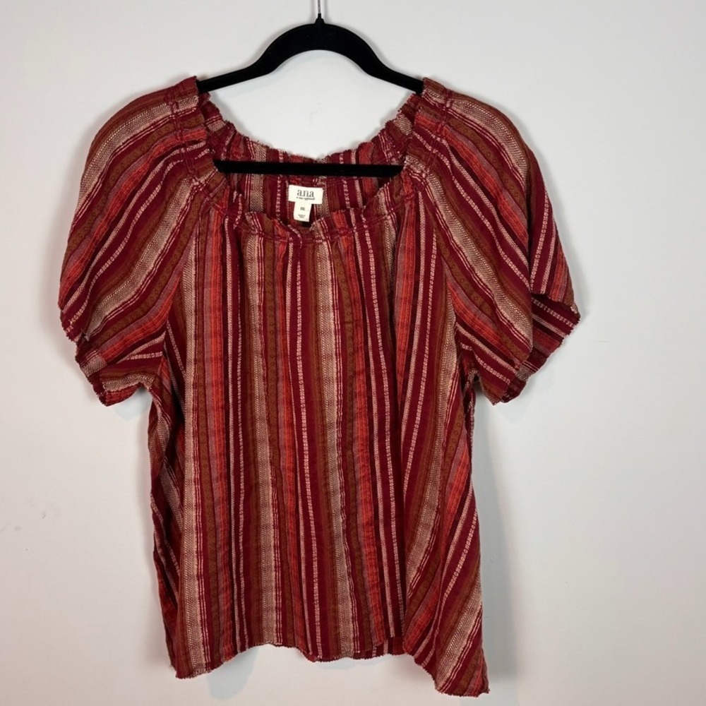 ANA Womens Red Textured Boho Peasant Short Sleeve Blouse XXL 100% Cotton 70's